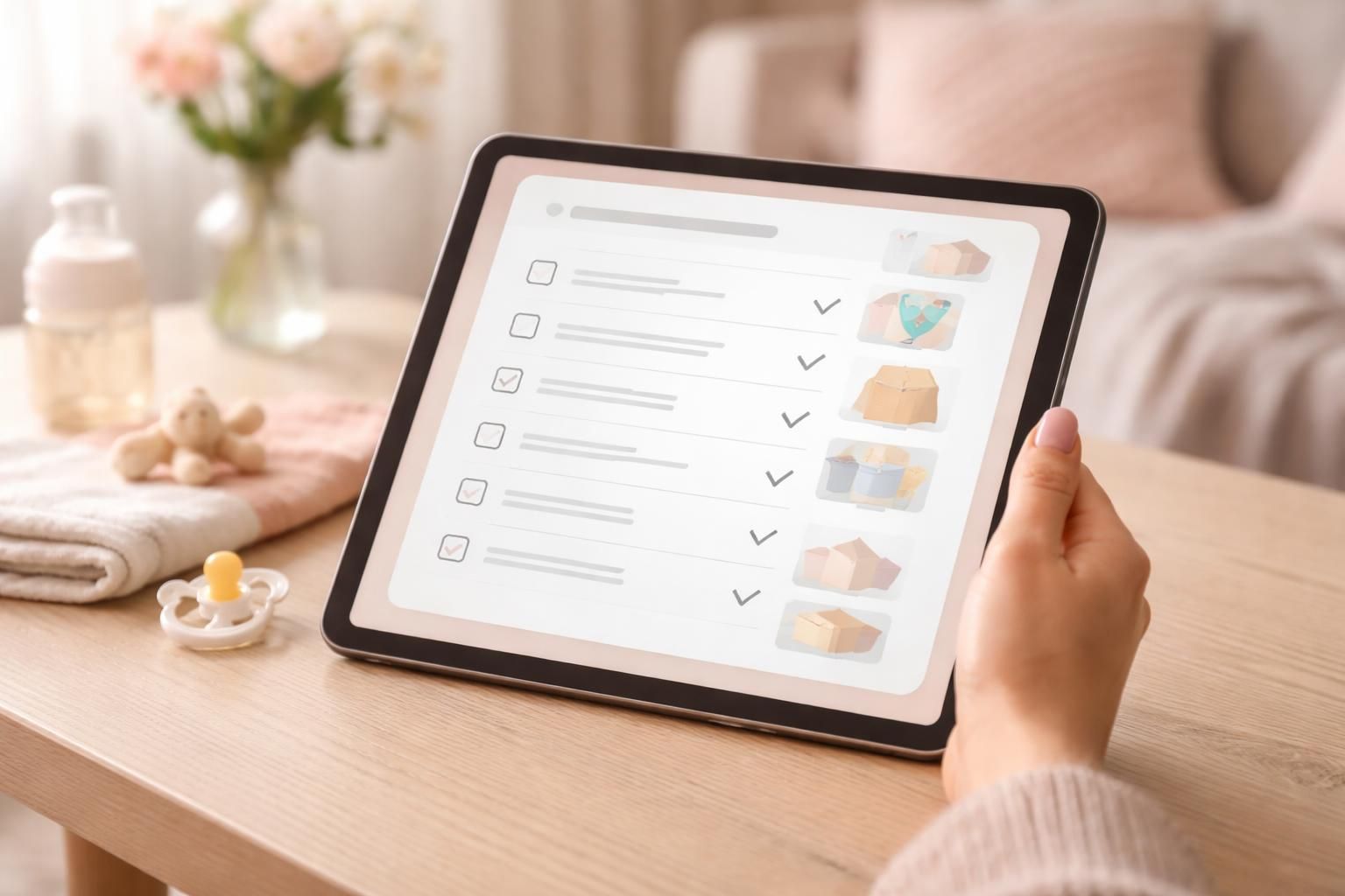 préparez la valise maternité de votre bébé facilement en cochant chaque étape sur une tablette tactile pour ne rien oublier le jour j.