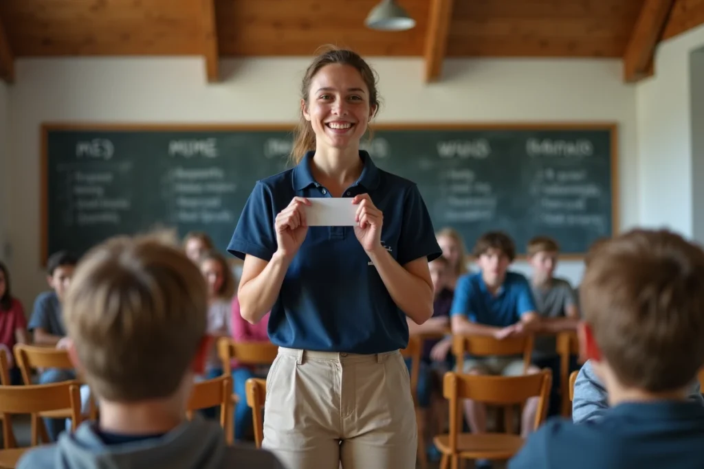 Animatrice de colonie de vacances dirigeant un jeu de mime à l'intérieur d'une salle commune pour enfants