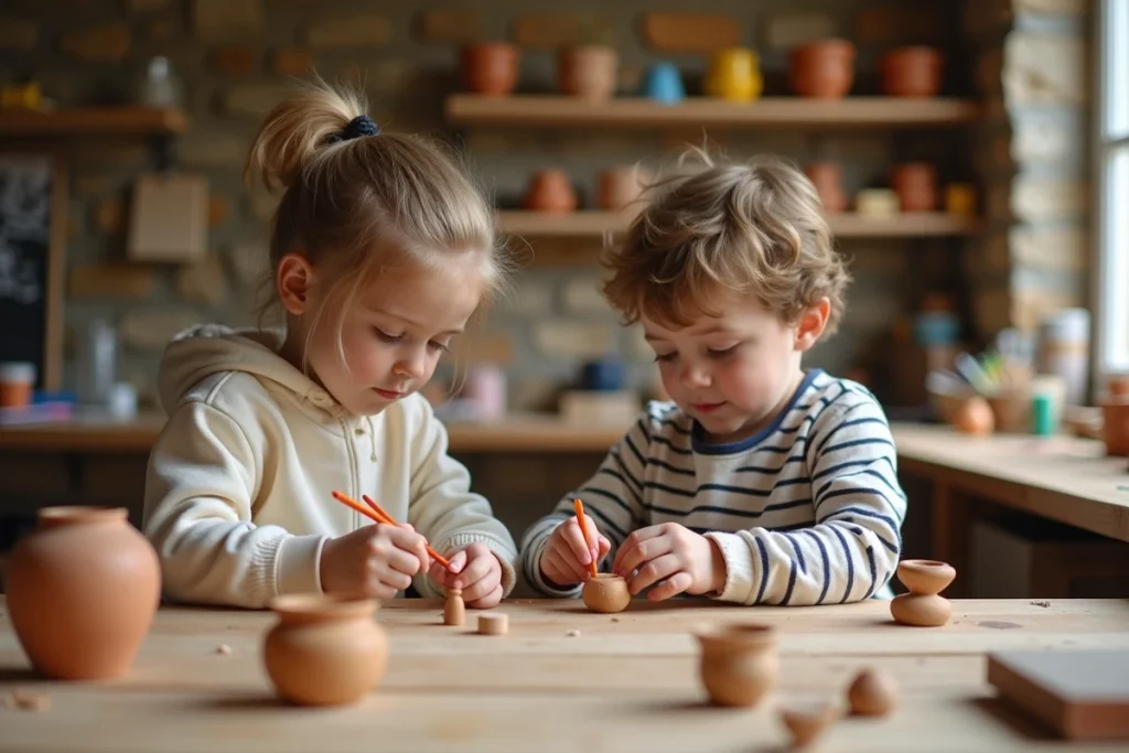Enfants de 8 et 11 ans concentrés sur un atelier créatif artisanal à Paris pendant le week-end