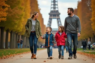 Famille avec deux enfants se promenant dans un parc parisien en automne, activité week-end détente Paris 6-12 ans