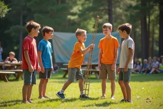 Groupe de jeunes adolescents jouant à un jeu de mime en plein air dans une colonie de vacances entourée de pins