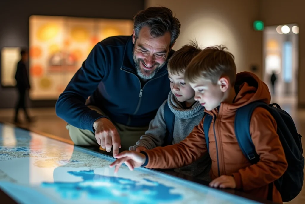 Père et enfants explorant une exposition interactive dans un musée des sciences naturelles à Paris le week-end