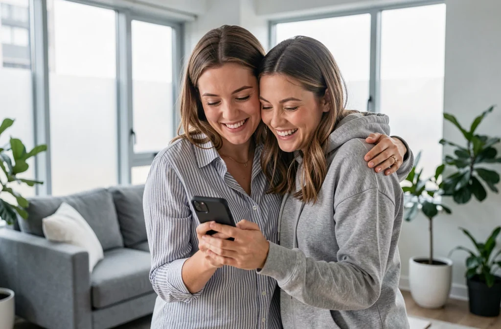 Deux amies partagent un moment émouvant en lisant un message d'anniversaire touchant sur smartphone