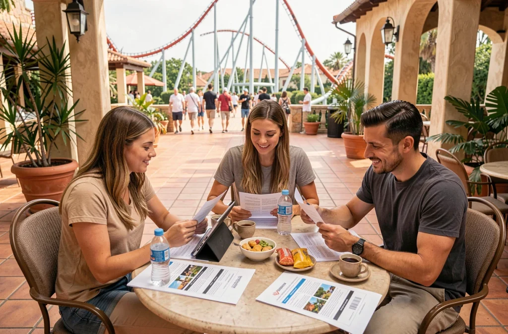 Groupe d'amis adultes organisant leur visite optimisée à PortAventura autour d'une table de café en terrasse