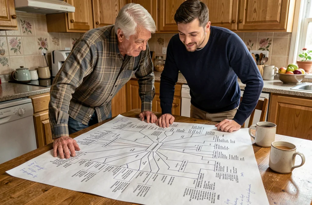 Deux hommes de générations différentes étudiant ensemble un arbre généalogique imprimé sur une grande table de cuisine