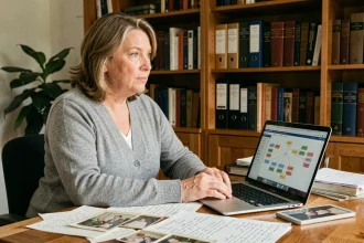 Femme consultant une base de données généalogique en ligne sur un ordinateur portable entouré de documents familiaux et photos anciennes