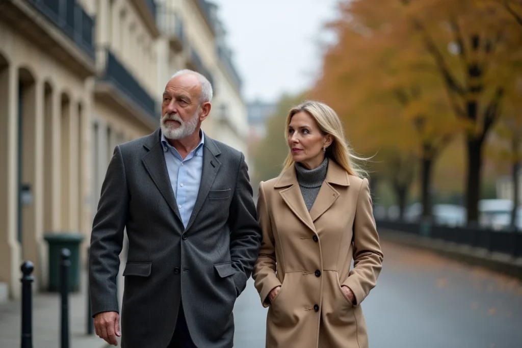 Couple de professionnels des médias se promenant dans une rue parisienne haussmannienne en automne, atmosphère journalistique et élégante