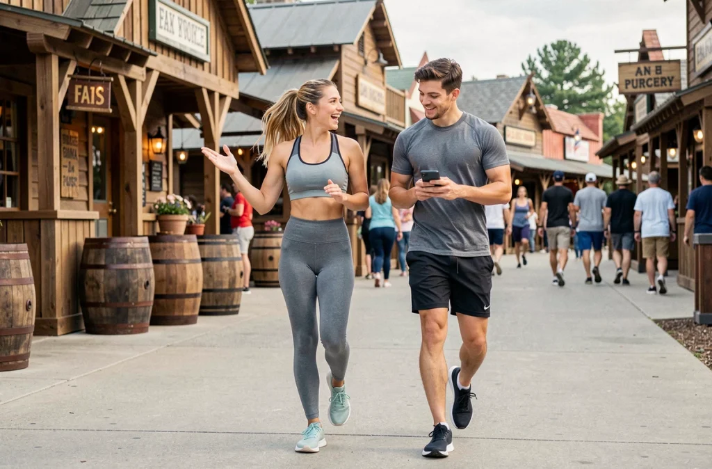 Couple de visiteurs planifiant leur parcours dans la zone Far West de PortAventura avec un smartphone