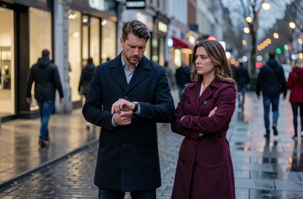 Couple en tension dans une rue urbaine avec distance émotionnelle visible entre les deux personnes, symbolisant les signaux d'une relation amoureuse sans avenir