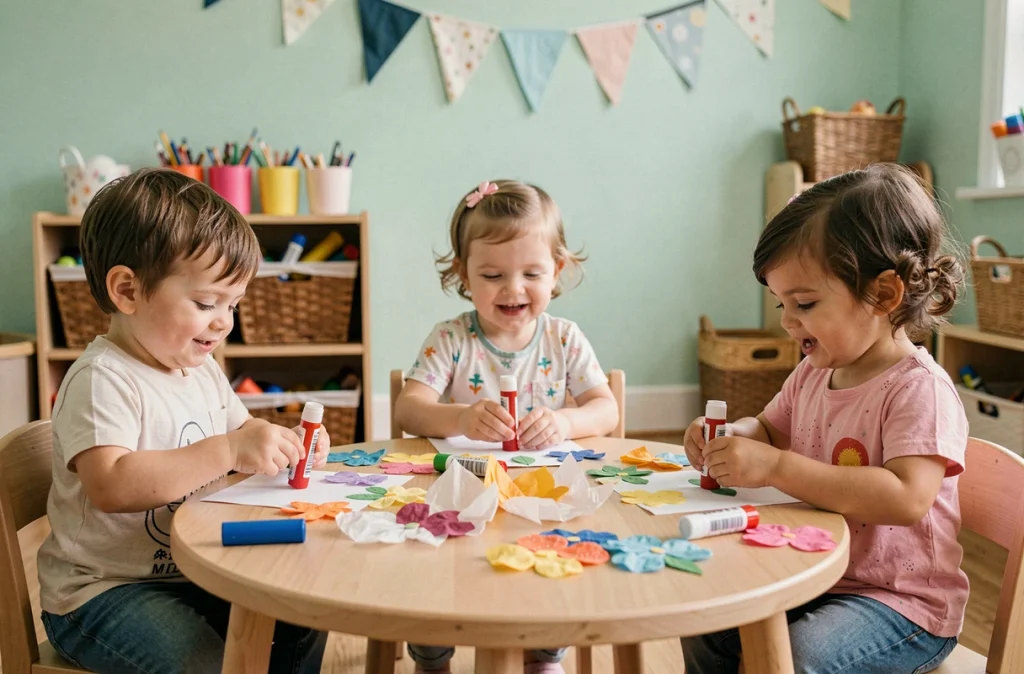 Groupe de tout-petits en crèche réalisant des collages de fleurs pour la fête des mères