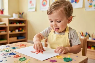 Tout-petit en tablier jaune faisant un dessin empreinte de main pour la fête des mères à la crèche
