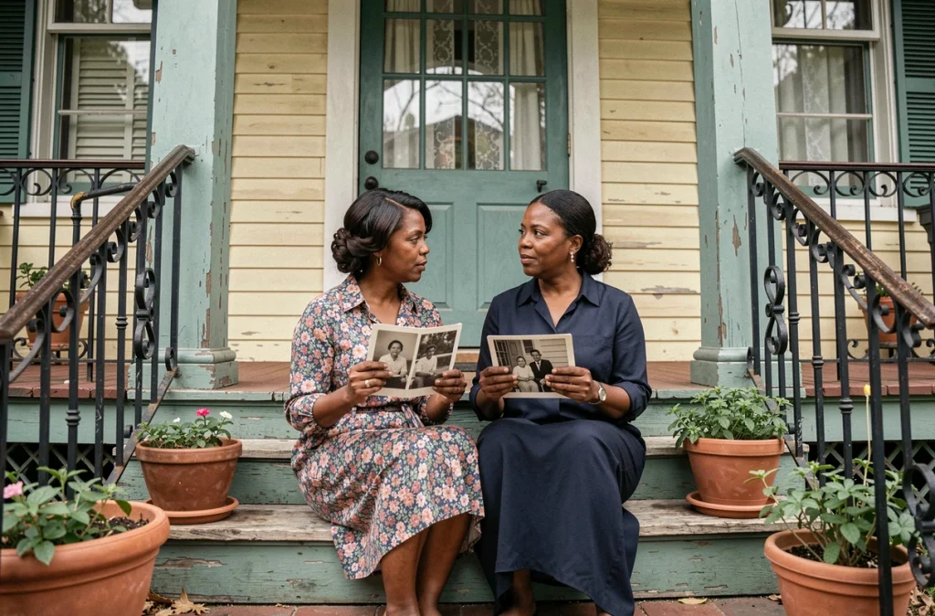 Deux femmes afro-américaines assises sur les marches d'un porche de style Nouvelle-Orléans, tenant des photographies de famille en noir et blanc, unies par le souvenir et le deuil