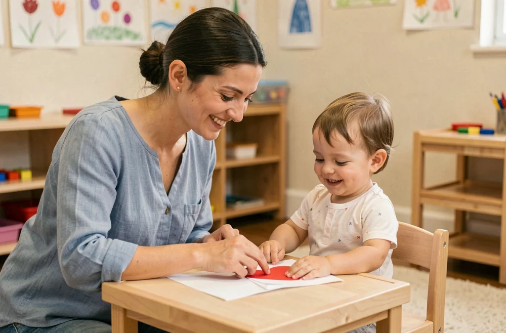 Éducatrice de crèche aidant un tout-petit à créer une carte coeur pour la fête des mères