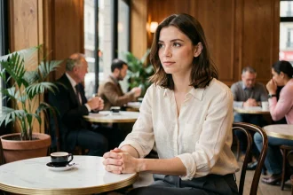 Elsa Fourlon assise dans un café parisien, regardant pensif lors d'une interview sur les rumeurs de grossesse