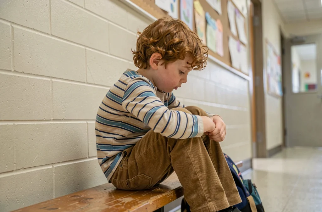 Jeune garçon à haut besoin assis seul dans un couloir scolaire avec une expression pensive et dépassée