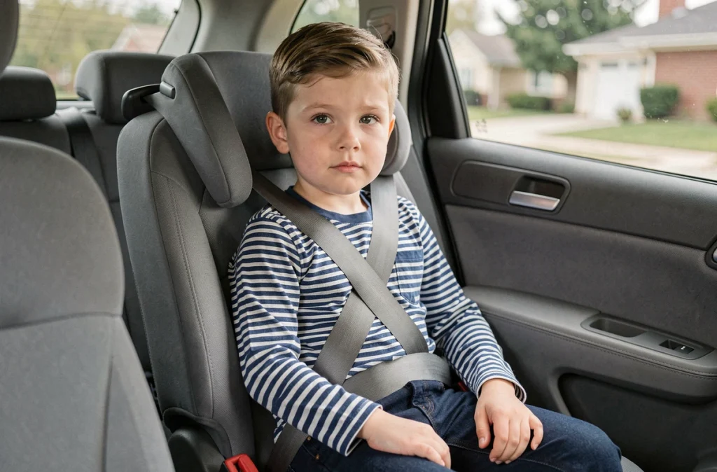 Enfant assis dans un réhausseur avec ceinture de sécurité correctement positionnée