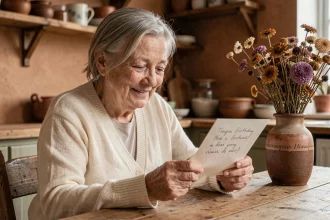 Une femme âgée émue lit un texte d'anniversaire manuscrit à la table de sa cuisine
