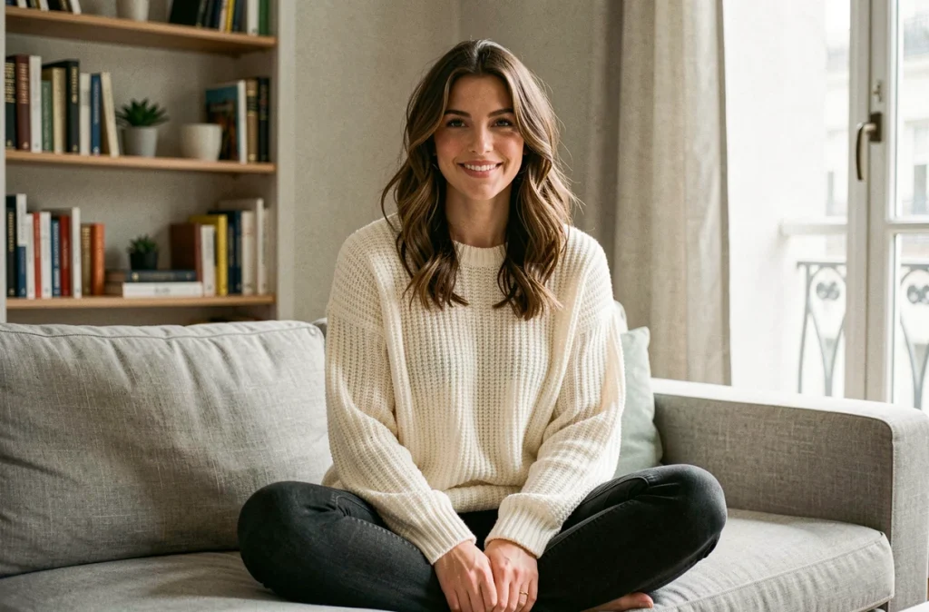 Jeune femme souriante dans un appartement parisien moderne, évoquant les thèmes de la vie de famille et de la maternité