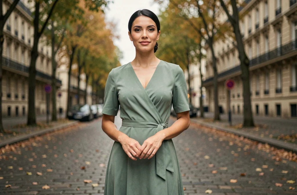 Femme élégante en robe verte sur un boulevard parisien, illustration d'article sur la vie personnelle d'une personnalité féminine