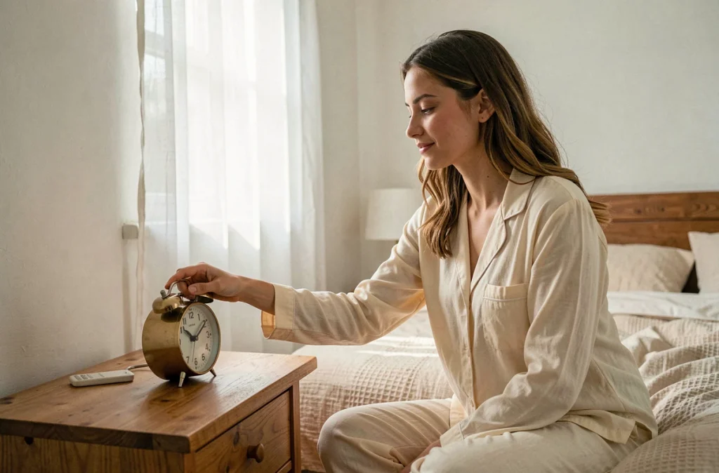 Femme éteignant un réveil analogique sans ondes dans une chambre aménagée pour limiter les perturbations électromagnétiques