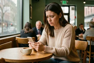 Femme seule dans un café regardant son téléphone avec une expression anxieuse, illustrant l'attente et le doute dans une relation amoureuse compliquée