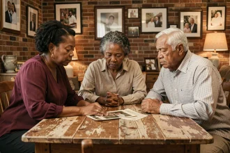 Trois frères et sœurs adultes afro-américains réunis autour d'une table en bois, partageant un moment de recueillement devant une photographie ancienne de famille