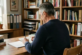 Homme assis de dos dans un bureau privé, évoquant la discrétion et la vie personnelle préservée