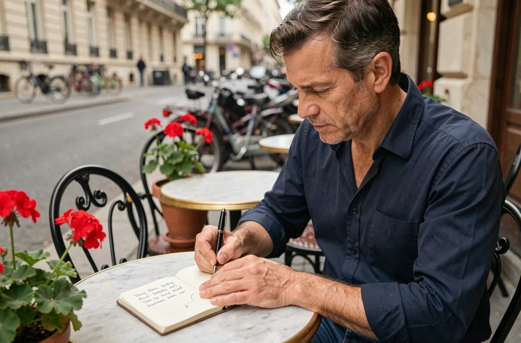 Un homme écrit un texte d'anniversaire émouvant dans un carnet à une terrasse de café parisienne