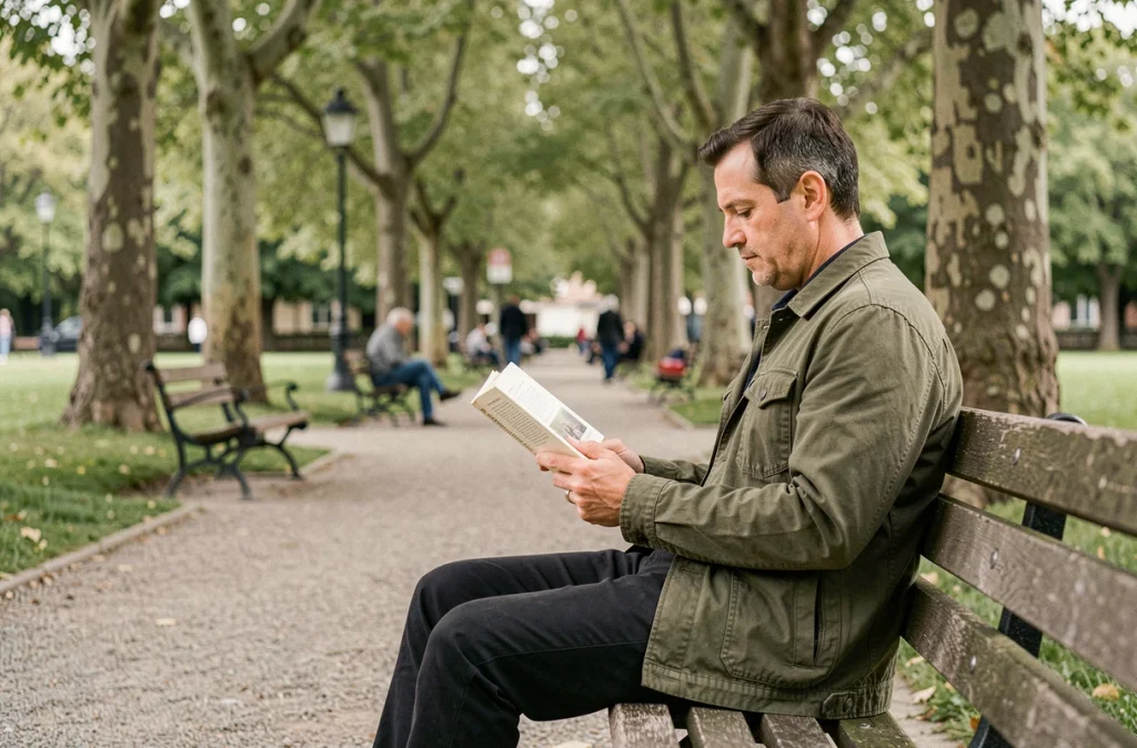 Homme lisant seul sur un banc de parc, symbolisant l'équilibre entre vie publique et intimité personnelle