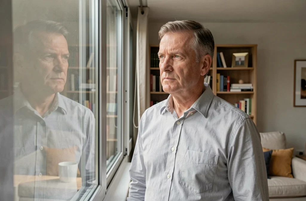 Homme pensif regardant par une fenêtre depuis son appartement, illustrant l'absence d'informations sur la vie familiale