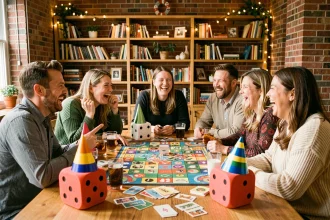 Groupe d'adultes jouant à des jeux de société revisités lors d'un anniversaire festif dans un salon chaleureux
