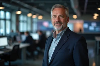 Portrait d'un homme professionnel dans une salle de rédaction européenne moderne, évoquant l'univers du journalisme et des médias