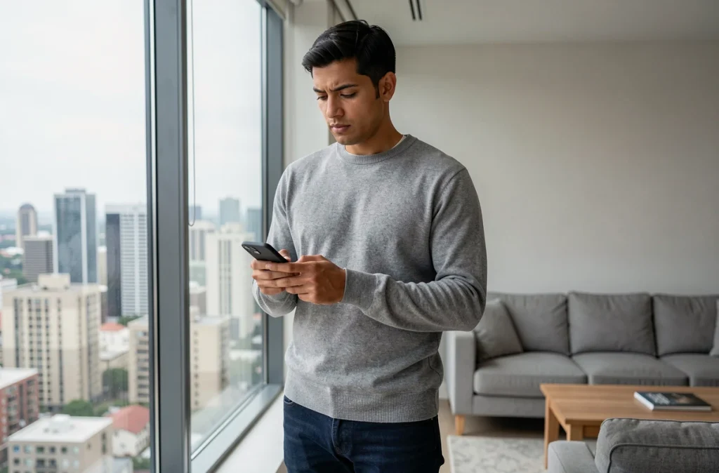 Homme consultant son téléphone dans un appartement moderne, symbolisant la recherche d'informations sur Jules Torres et ses enfants