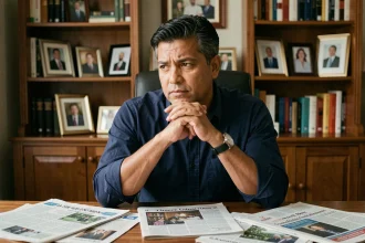 Jules Torres réfléchissant dans son bureau entouré d'articles de presse, illustrant les rumeurs et la réalité concernant ses enfants