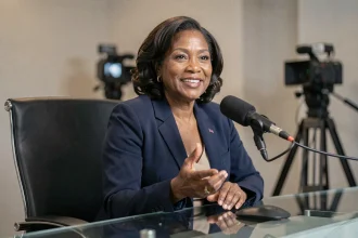 Maryse Éwanjé-Épée en interview dans un studio de télévision, exprimant ses pensées avec élégance et assurance