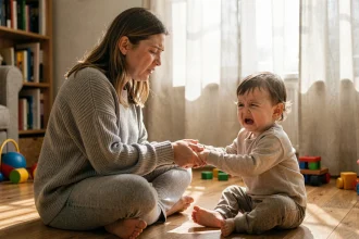 Mère empathique tenant les mains de son enfant à haut besoin en pleine crise émotionnelle sur le sol du salon