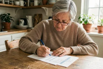 Mère remplissant une attestation d'hébergement pour son enfant majeur à la table de cuisine familiale