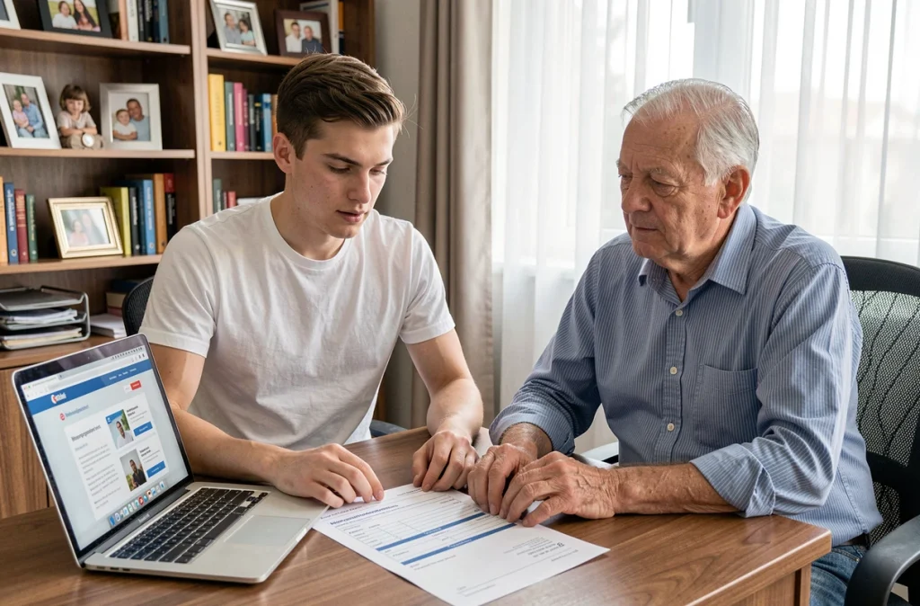 Père et fils adulte consultant ensemble une attestation d'hébergement pour justificatif de domicile dans un bureau à domicile