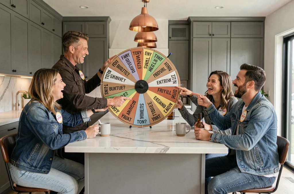 Homme présentant une roue de quiz géante faite maison lors d'un anniversaire adulte dans une cuisine moderne