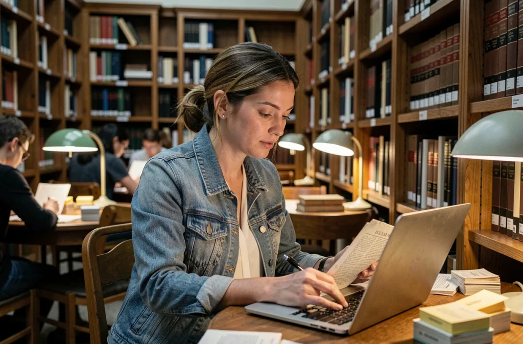 Jeune femme transcrivant des données d'un registre paroissial ancien dans une bibliothèque pour contribuer à une base généalogique en ligne