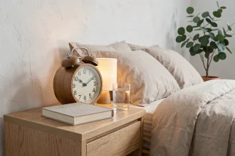 Réveil en bois analogique et veilleuse sans ondes posés sur une table de chevet minimaliste dans une chambre saine et apaisante