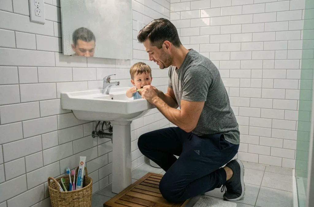 Père aidant son fils à se brosser les dents lors de la routine du soir familiale