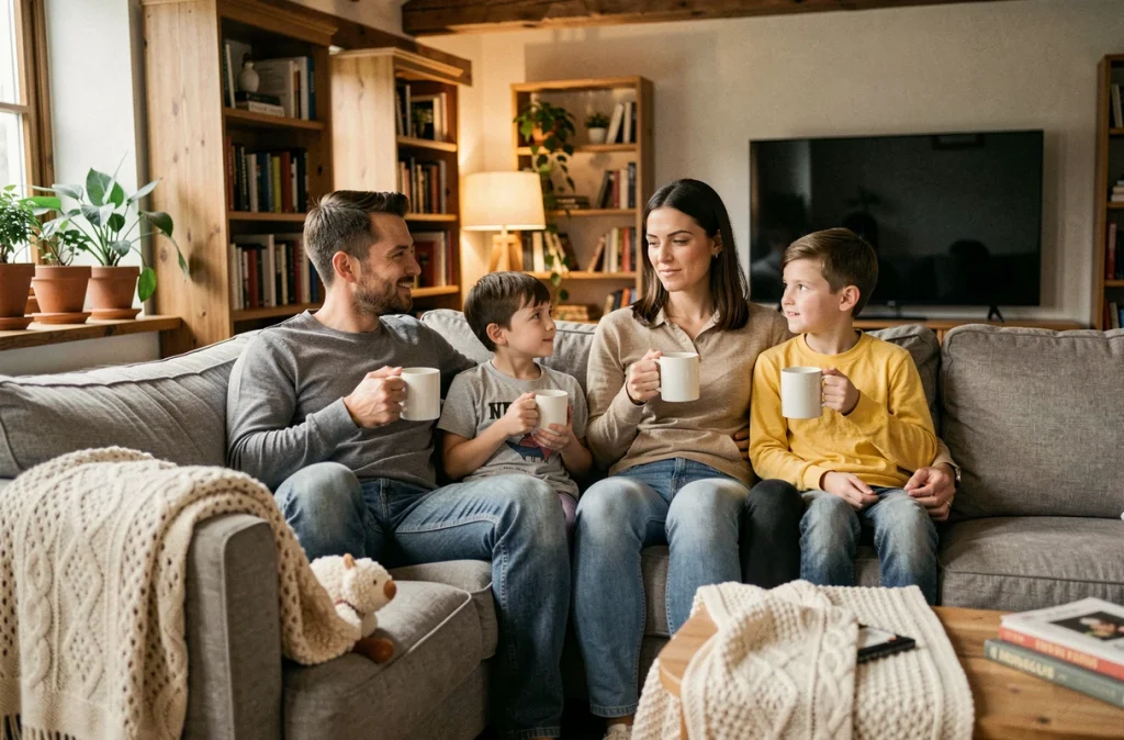 Famille réunie sur le canapé avec des boissons chaudes pour une soirée apaisante avant le coucher