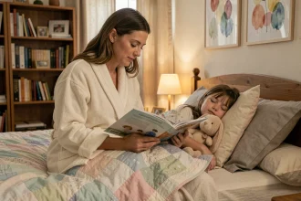 Mère lisant une histoire à sa fille au coucher dans une chambre cosy et apaisante