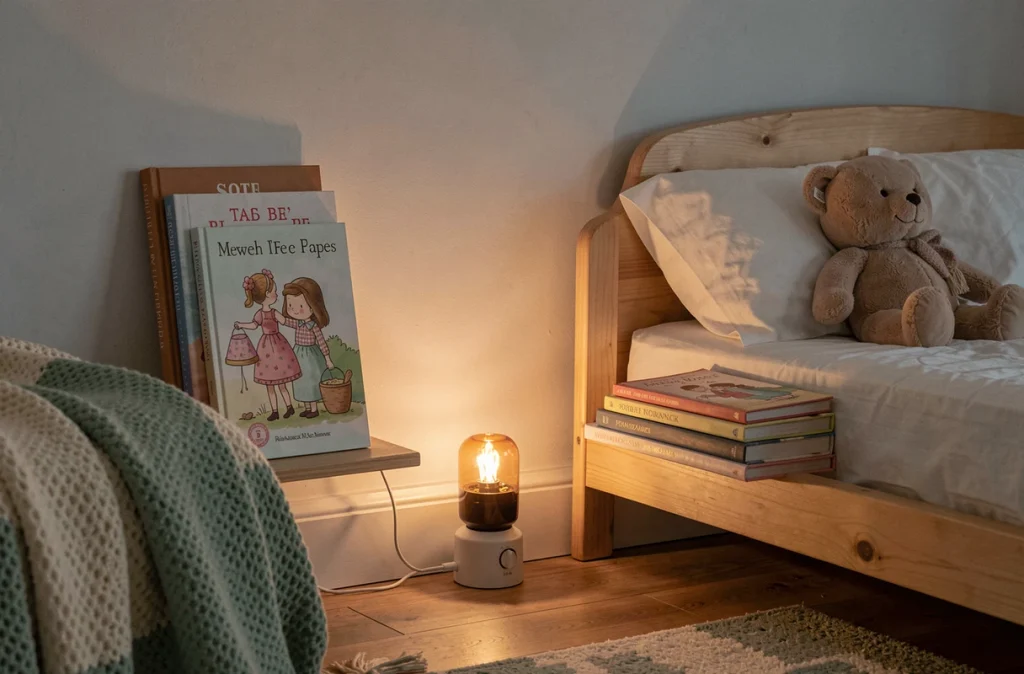 Veilleuse ambre sans ondes avec minuterie dans une chambre d'enfant aménagée pour un environnement sain et reposant