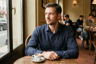 Homme en chemise bleue pensif dans un café parisien, illustrant la notion de vie privée et d'intimité préservée