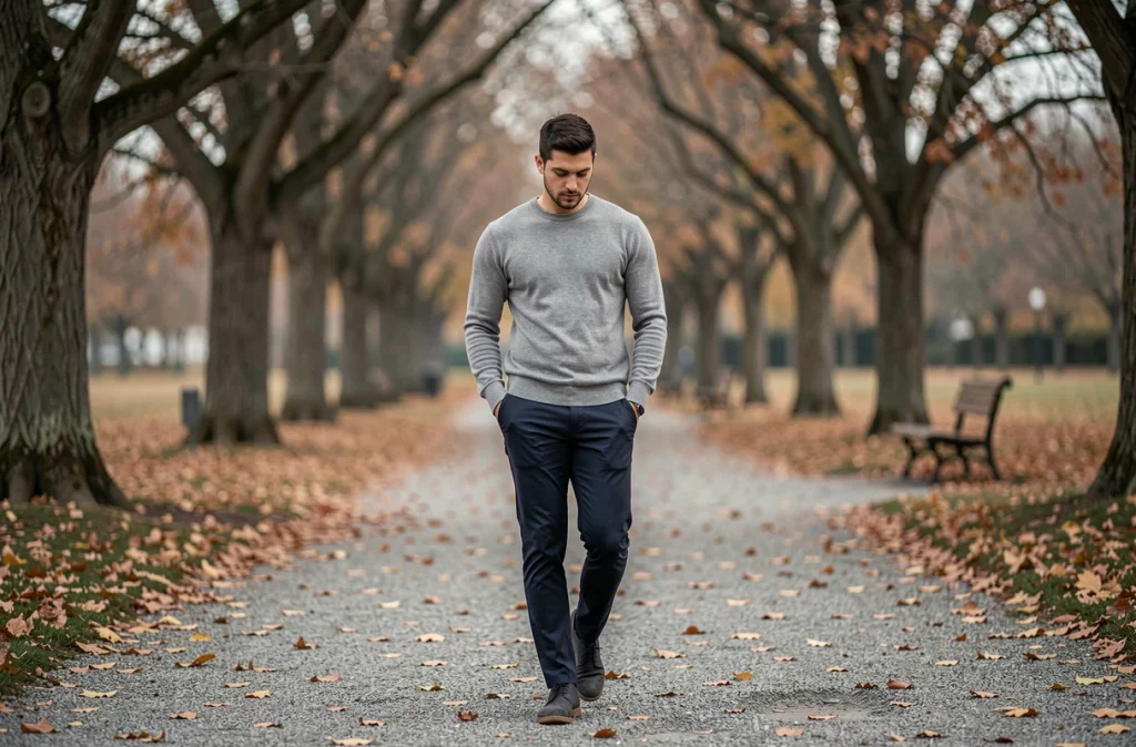 Homme seul se promenant dans un parc en automne, évoquant la vie sentimentale et les moments intimes de Yoann Usai