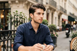 Jeune homme pensif attablé à une terrasse de café parisien, illustrant la vie privée et sentimentale de Yoann Usai en 2026