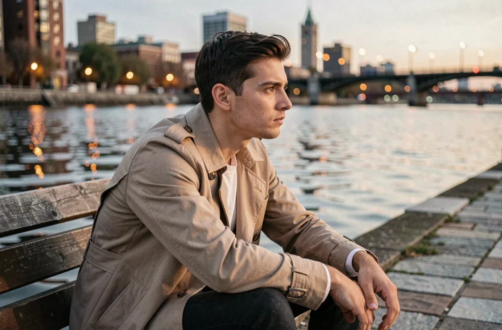 Jeune homme assis au bord d'une rivière au crépuscule, reflétant la chronologie sentimentale et la vie privée de Yoann Usai en 2026