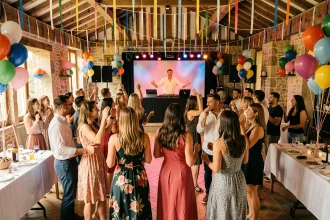 Animateur d'anniversaire professionnel en Centre-Val de Loire devant une salle de fête décorée avec ballons et sono